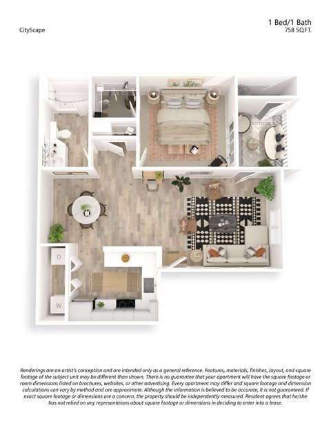 Floor plan for 1 bed, 1 bath, 758 sqft